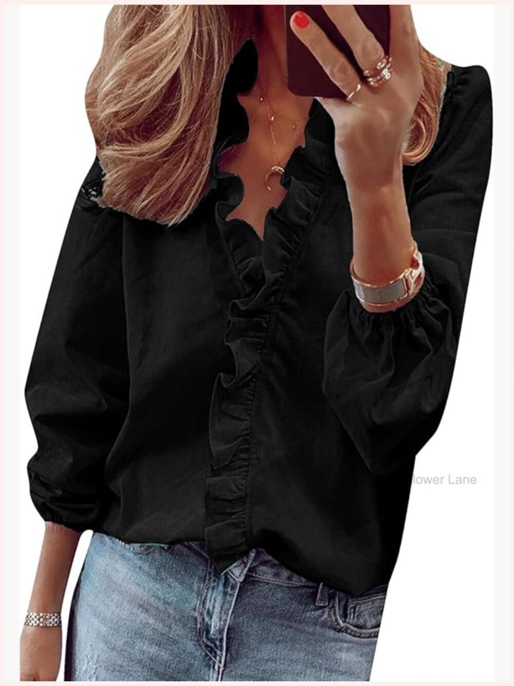 Women's Lantern Sleeve Blouse V Neck Ruffled Front Lightweight Tops